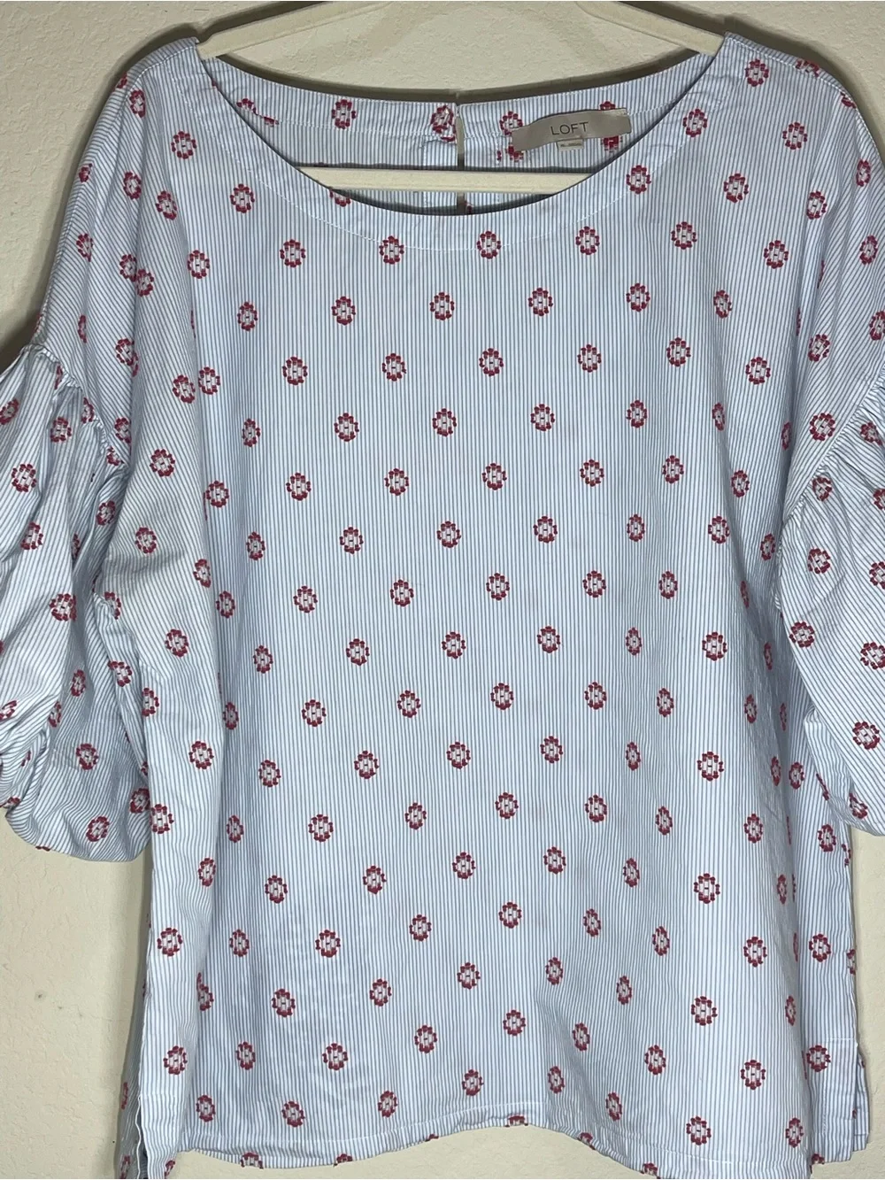 LOFT Floral Puff Sleeve Blouse Blue Striped Red Print XL